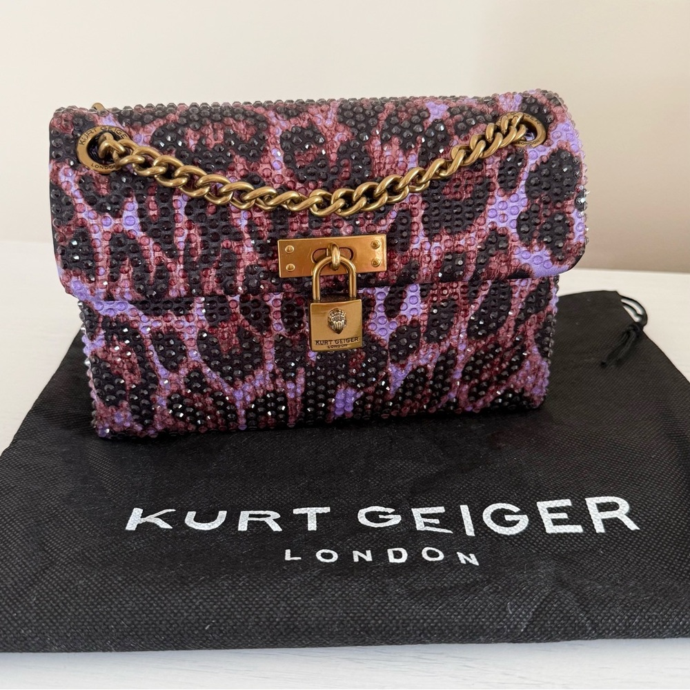 Kurt Geiger Purple Leopard Crystal Satin Brixton Bag - Picture 2 of 14